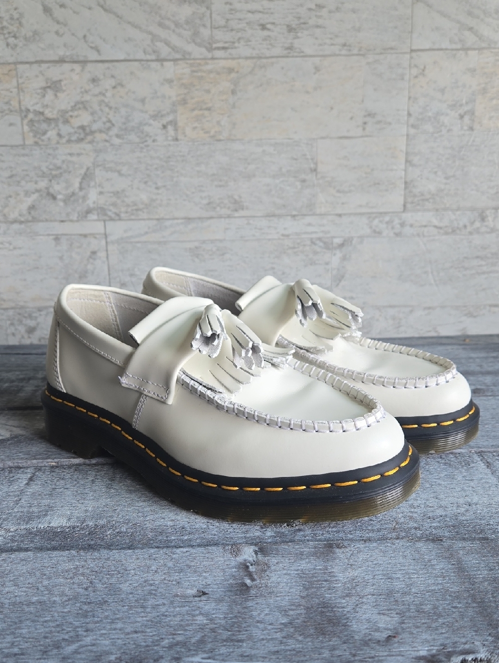 Dr. Martens White Adrian Leather Tassel Loafers Size 7 Womans Yellow Stitch